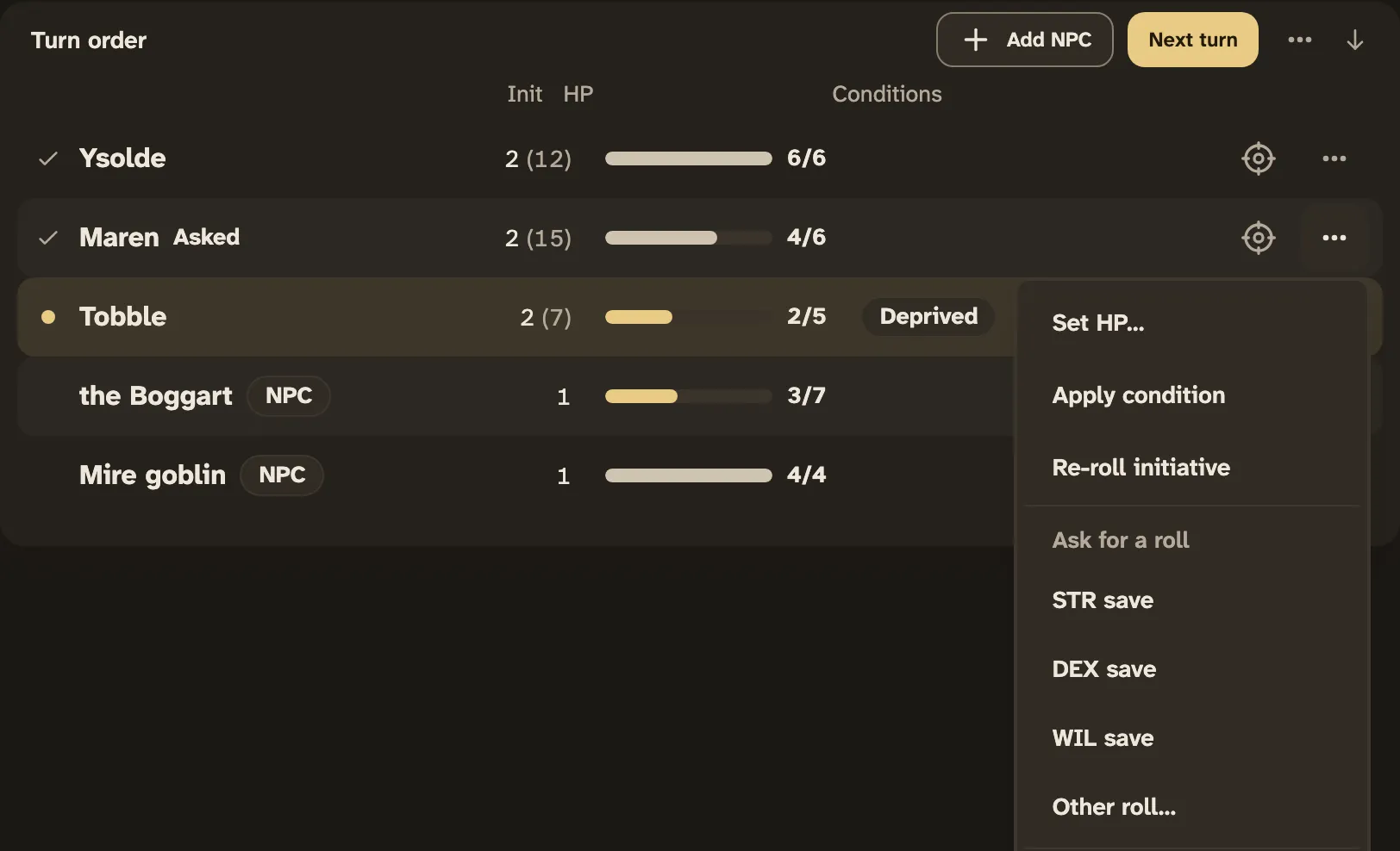 The ⋯ menu on Maren's row in Turn order, open on Ask for a roll: STR save, DEX save, WIL save and Other roll….