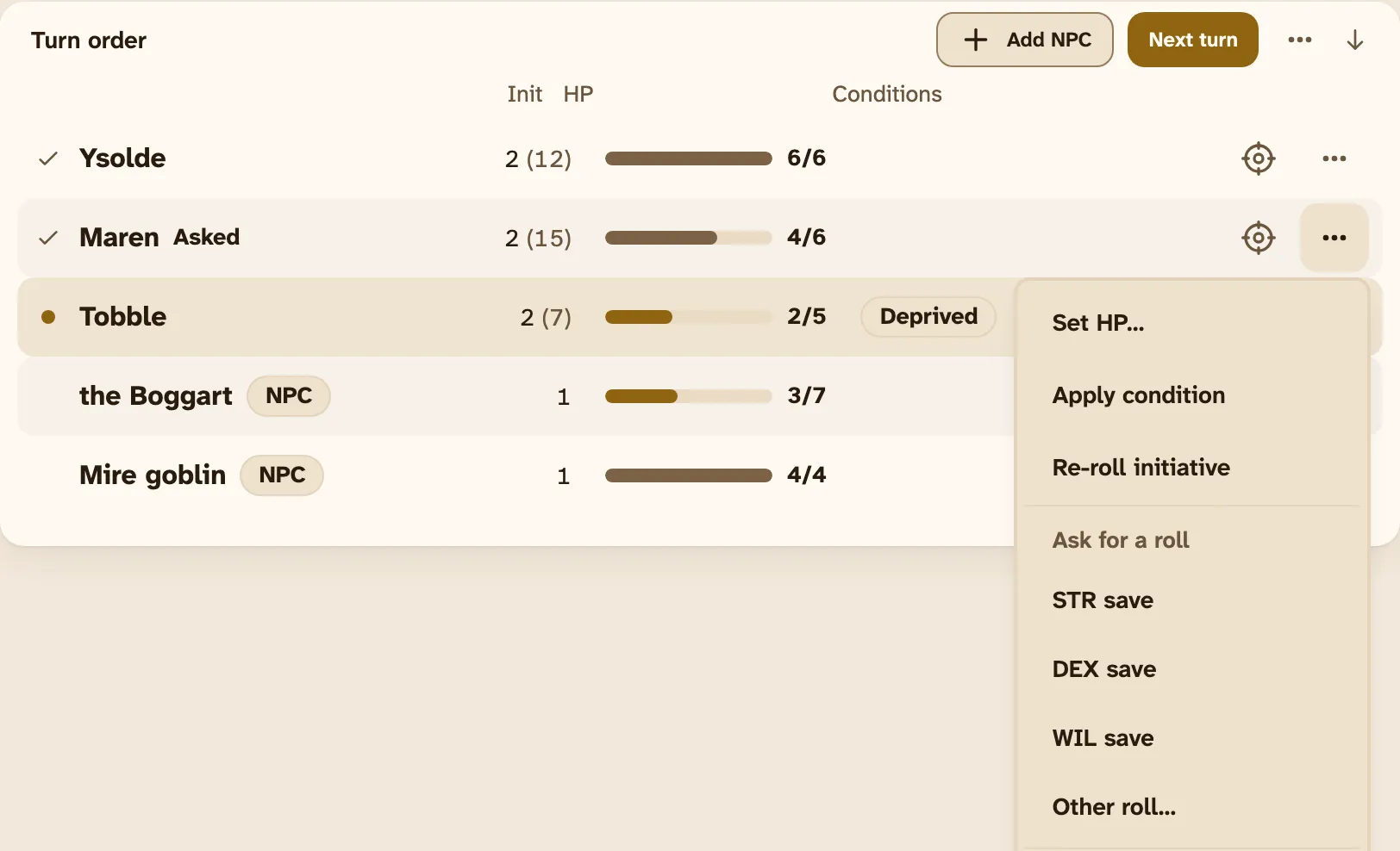 The ⋯ menu on Maren's row in Turn order, open on Ask for a roll: STR save, DEX save, WIL save and Other roll….