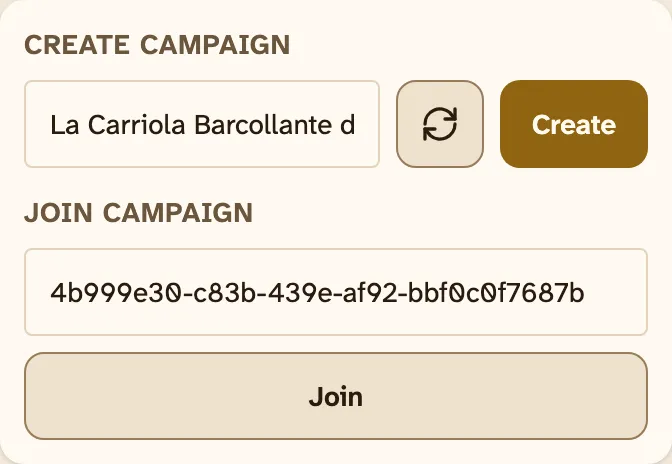 My Campaigns on a phone. Under Join campaign, the field already holds the invite code from the invite link, and Join is below it.