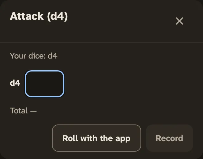 Maren's attack on a phone, with her sheet set to Real dice: a box for the d4 face she rolled, Roll with the app and Record.