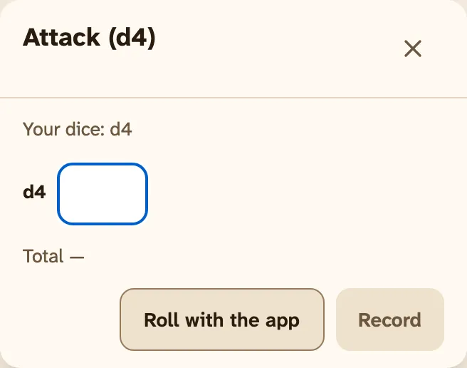 Maren's attack on a phone, with her sheet set to Real dice: a box for the d4 face she rolled, Roll with the app and Record.