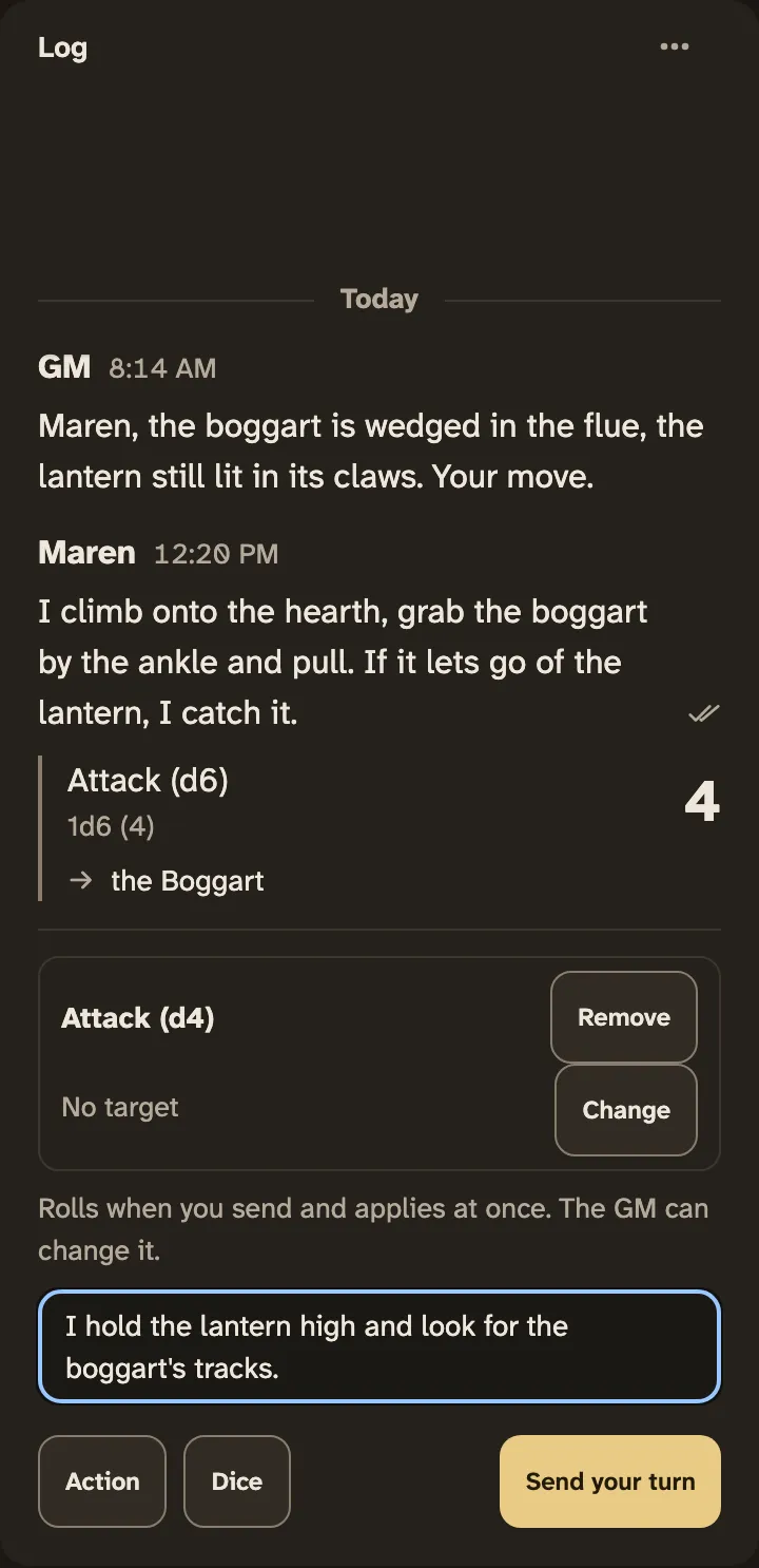 The Log on a phone with a turn being written: Maren's text, one attack added with Action, and Send your turn.