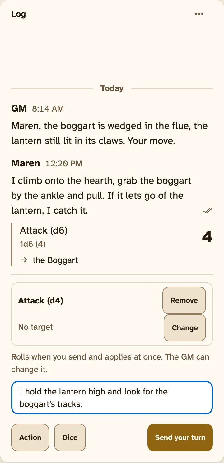 The Log on a phone with a turn being written: Maren's text, one attack added with Action, and Send your turn.