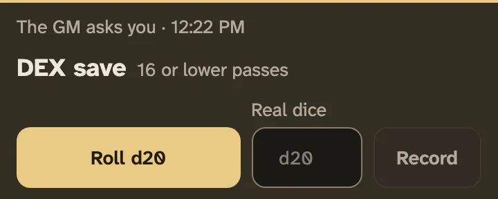 Maren's phone in the By post view: a card says the GM asks for a DEX save, with the rule line, a roll button, and a Real dice box with Record.