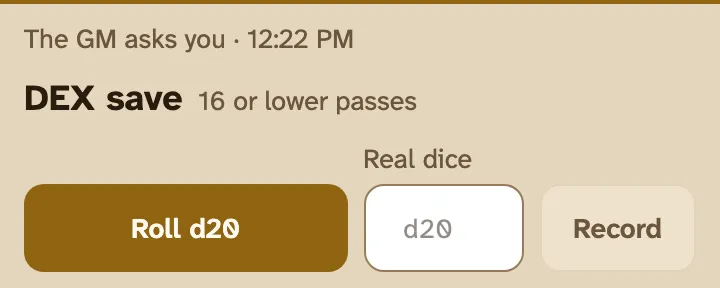 Maren's phone in the By post view: a card says the GM asks for a DEX save, with the rule line, a roll button, and a Real dice box with Record.