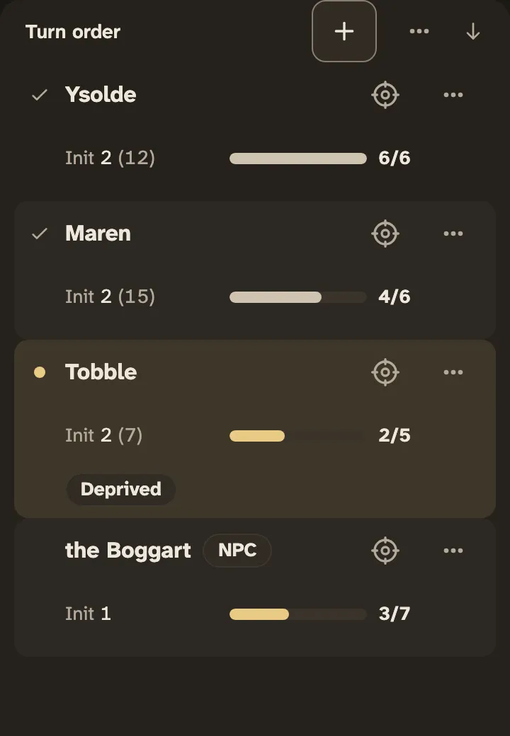 The GM’s turn order on a phone: Ysolde (6/6) and Maren (4/6) have acted, it is Tobble’s turn at 2/5 and Deprived, and the Boggart is at 3/7.