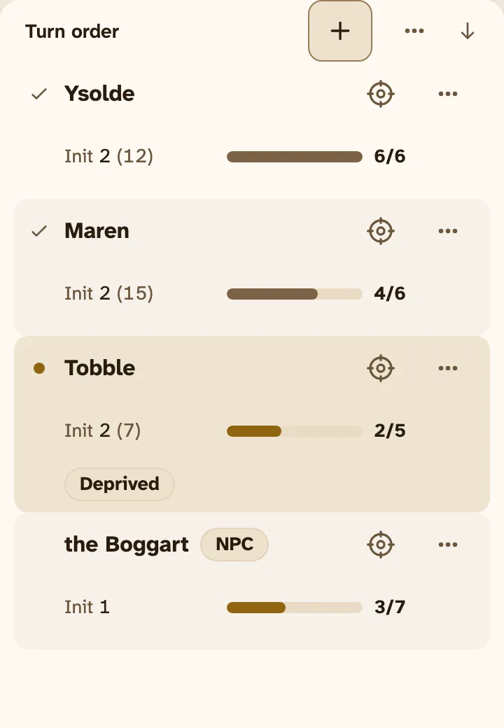 The GM’s turn order on a phone: Ysolde (6/6) and Maren (4/6) have acted, it is Tobble’s turn at 2/5 and Deprived, and the Boggart is at 3/7.