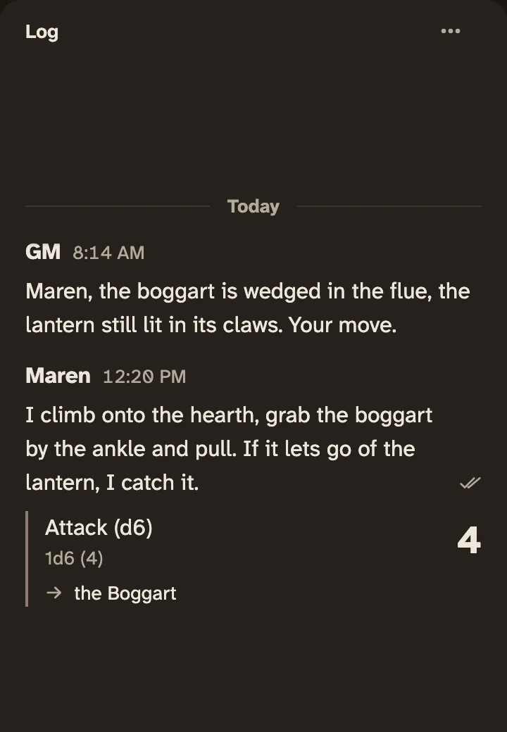 Maren’s post on a phone: she climbs onto the hearth to pull the boggart down, and her attack roll of 4 goes to the Boggart.