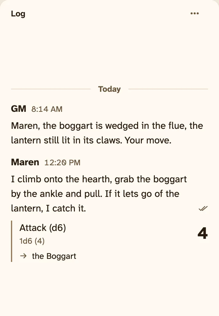Maren’s post on a phone: she climbs onto the hearth to pull the boggart down, and her attack roll of 4 goes to the Boggart.