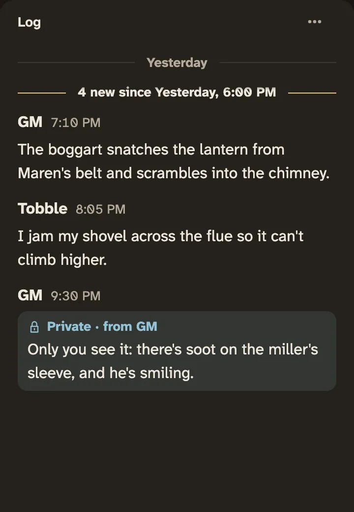 The campaign Log on a phone, opening on what’s new since yesterday evening: the GM’s and Tobble’s posts from last night, then a private message from the GM to Maren.