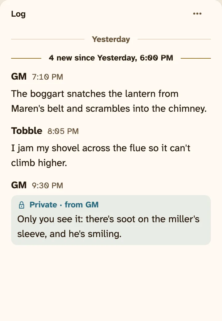 The campaign Log on a phone, opening on what’s new since yesterday evening: the GM’s and Tobble’s posts from last night, then a private message from the GM to Maren.